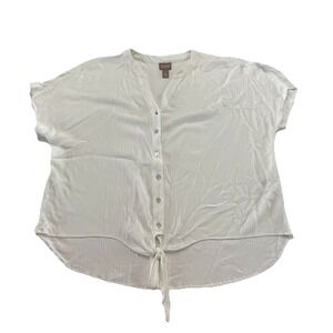 Chico's Oversized Crinkle Gauze White‎ Button Up Tie Front V Neck SS Blouse 3 L